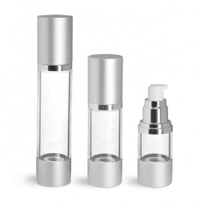 Plastic Bottles, Clear AS Airless Pump Bottles w/ Silver Pumps & Caps